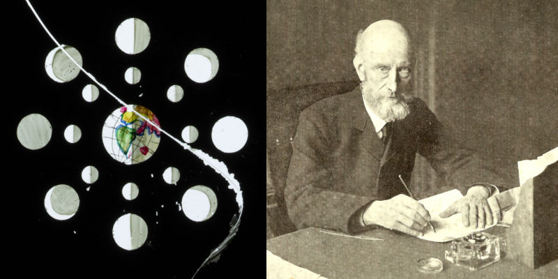 Detail from a lantern slide showing the moon and its phases plus a photo of Professor Louis Compton Miall taken by EE Unwin