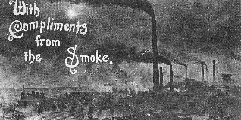 Old black and white postcard of Widnes, showing chimneys and dark smoke, with the words 'With Compliments from the Smoke'.