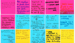 A grid of post-it notes, written on with peoples' views as part of a public consultation in York