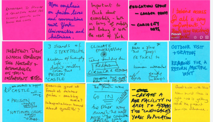 A grid of post-it notes, written on with peoples' views as part of a public consultation in York