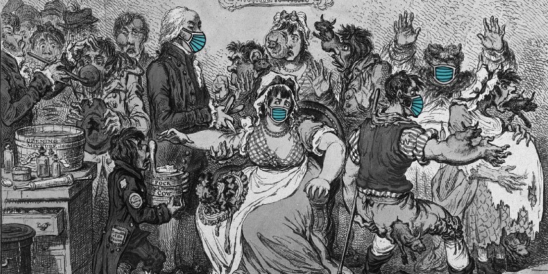 Detail from image of Edward Jenner vaccinating patients. Edited etching by J Gillray 1802. Wellcome Trust collection