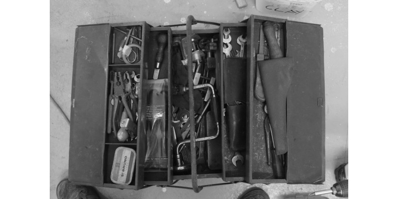 Black and white photo of a tool box