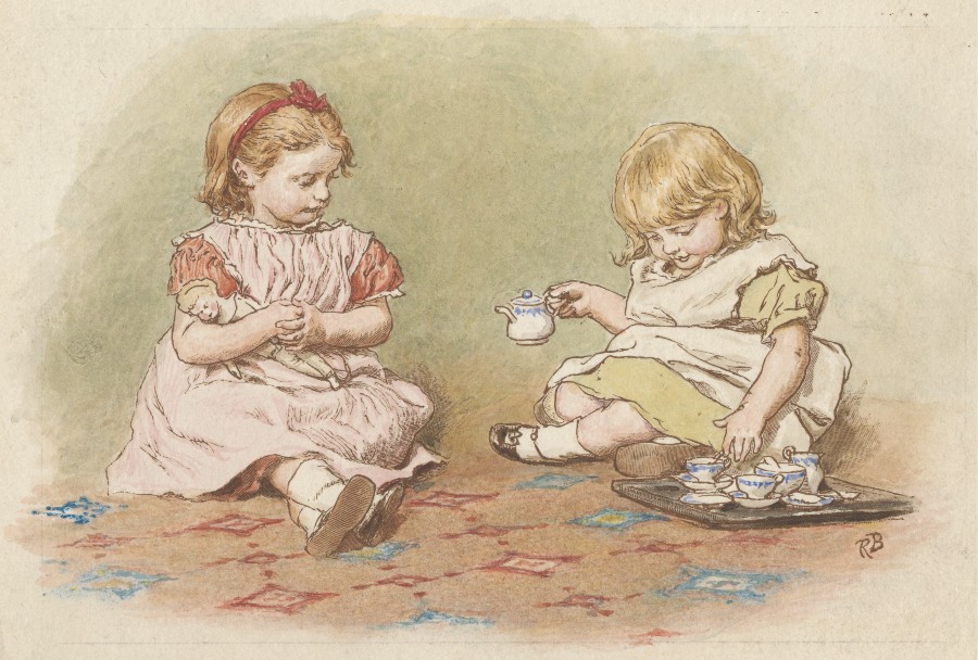 Two Girls Playing / Tea Party, print made by Robert Barnes, 1840-1895, undated. Yale Center for British Art. Wood-engraving with watercolor on moderately thick, slightly textured, cream wove paper mounted on moderately thick, slightly textured, beige card.