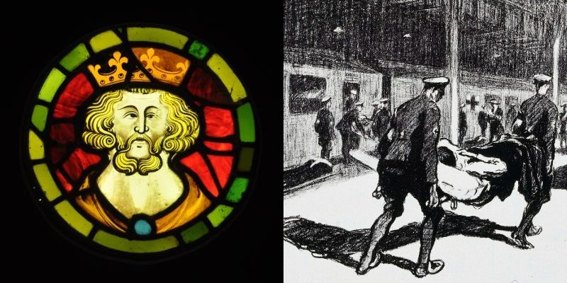 Round stained glass window (left); stretcher bearers at a train station during world war one