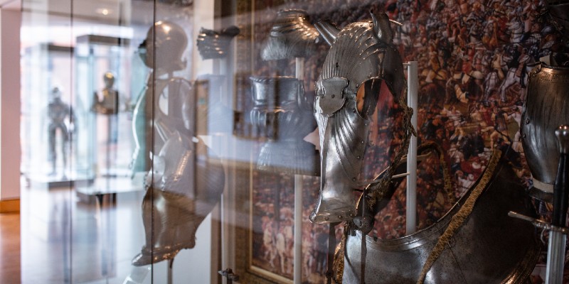 Exhibits in a display cabinet at the Royal Armouries