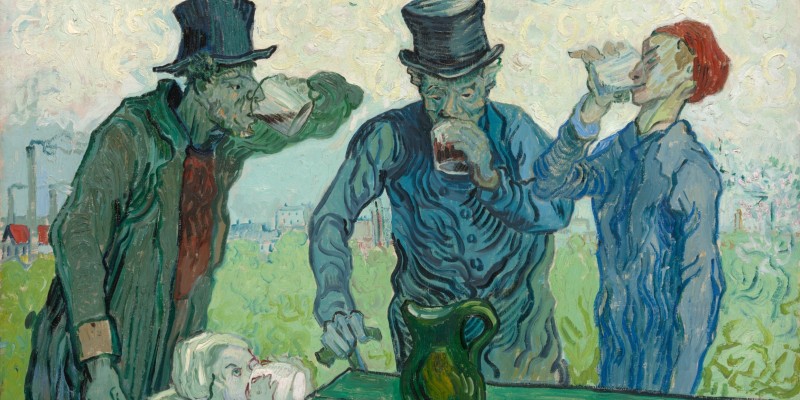 Stylised painting of three men standing and drinking from pitchers, with a crouched, paler figure who could be a child also gulping from a glass at the bottom right hand, almost under the table. The picture uses tones of greens and blues and in the background we see what looks to be a town with the chimneys of what could be factories.