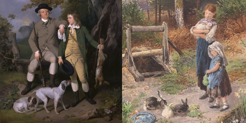 ( Left) A boy holding a dead rabbit, which his father has taught him to hunt. (Right) Older girl holding a rabbit, while younger girl looks at three more which they are feeding