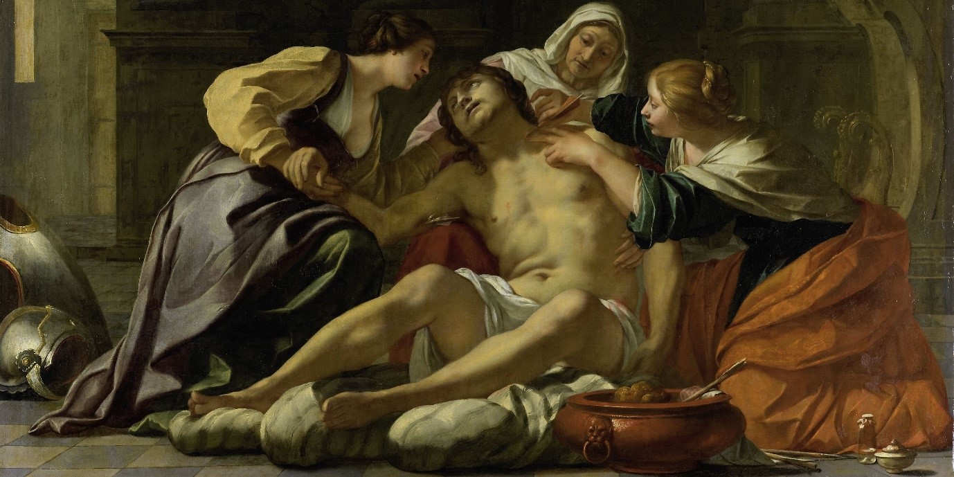 Oil painting of St Sebastian Nursed by Irene and her Helpers, Jacques Blanchard