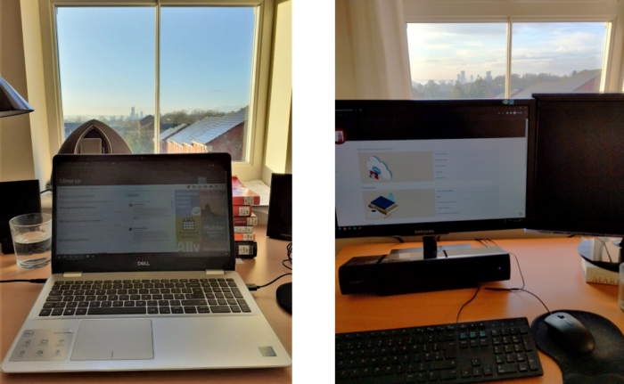 Two images side by side of computers on desks with window in background