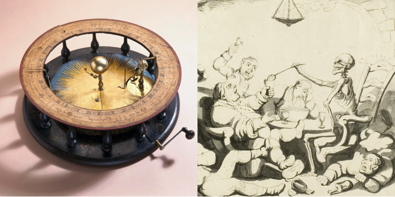 On the left an Orrery with original winding handle. On the right a lithograph on paper called The Last Drop by Charles Joseph Hullmande.